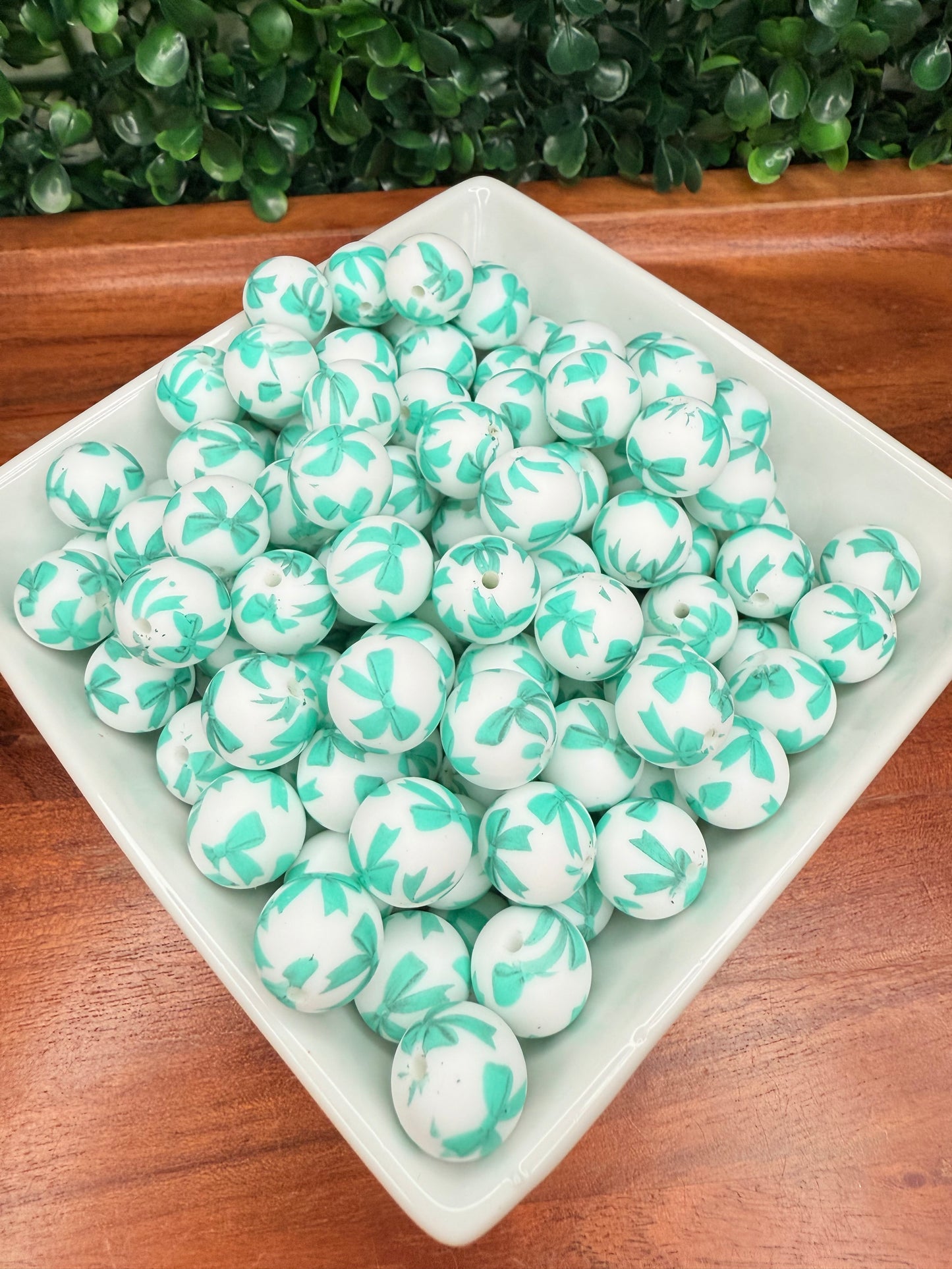 15mm Teal Ribbon bow printed beads (pack of 5) •Exclusive•
