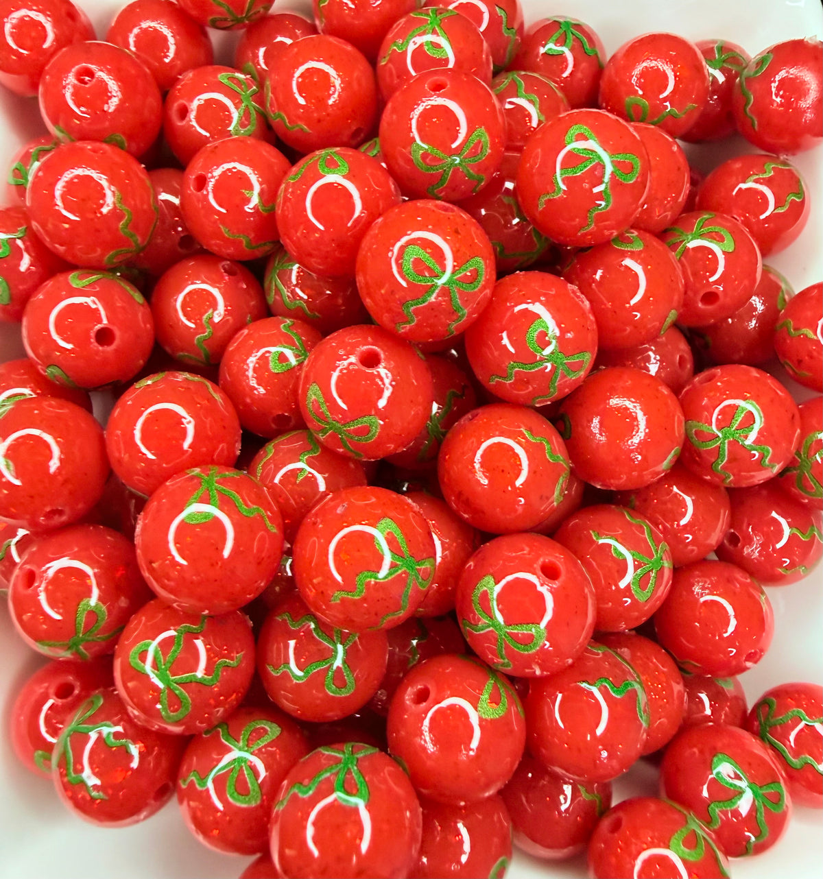 15mm Liquid Holly Jolly Red Glitter Glam printed bow beads (pack of 5) •Exclusive•