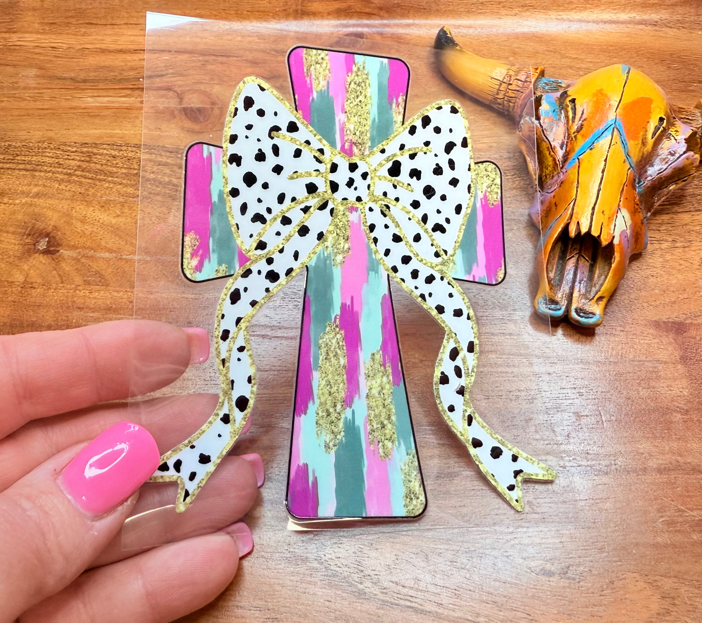 Uv DTF decal brushstrokes cross with bow cup transfer