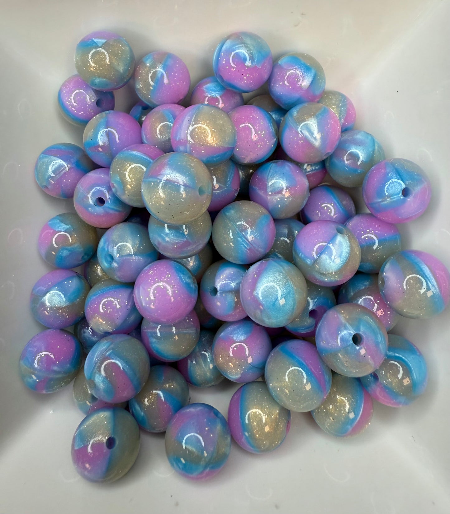 15mm liquid blue & purple swirl sparkle silicone bead (pack of 5)