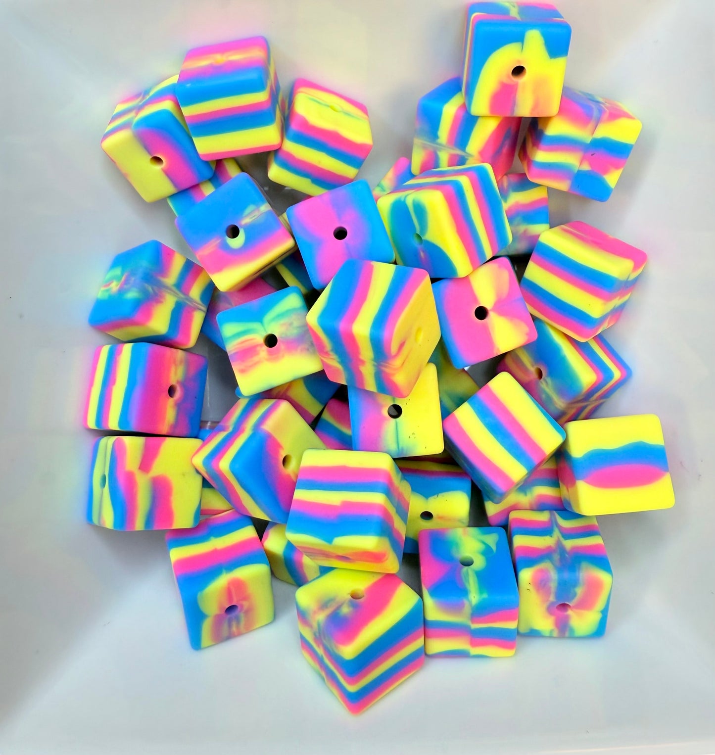 15mm pink,blue,yellow swirl square beads