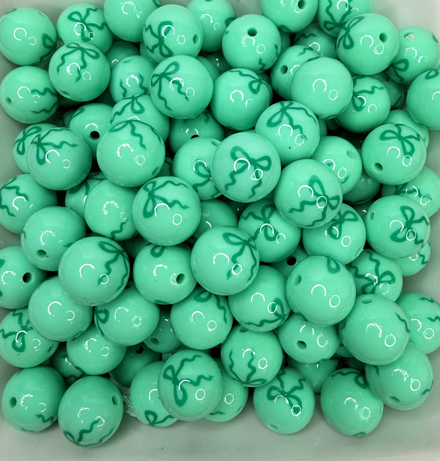 15mm Liquid Teal & Mint bow printed beads •Exclusive•