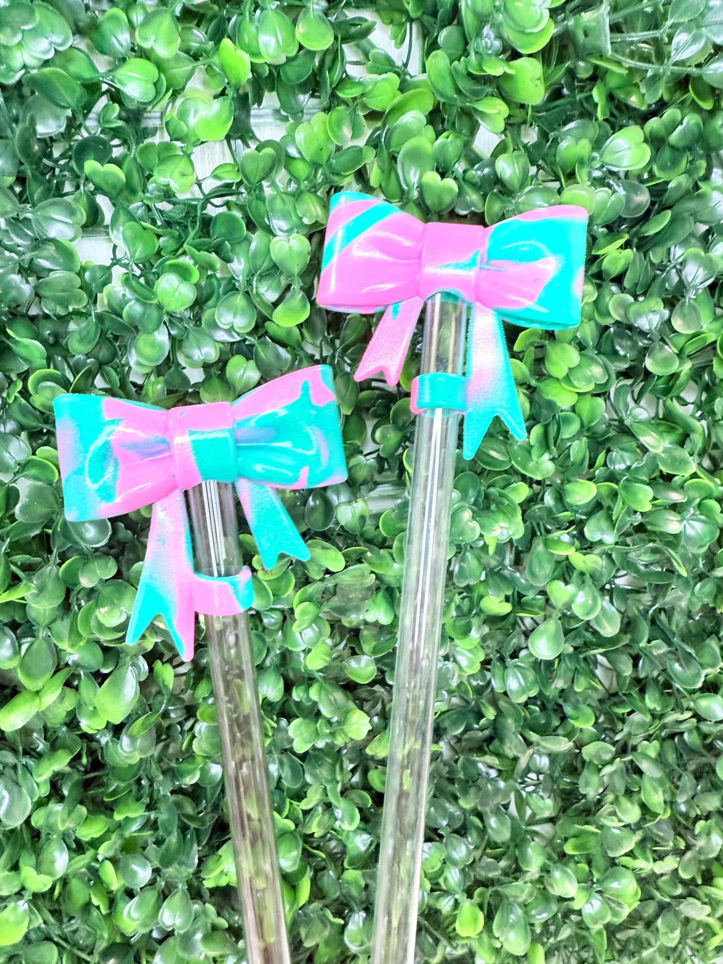 Opal teal/pink marble strawtopper bow