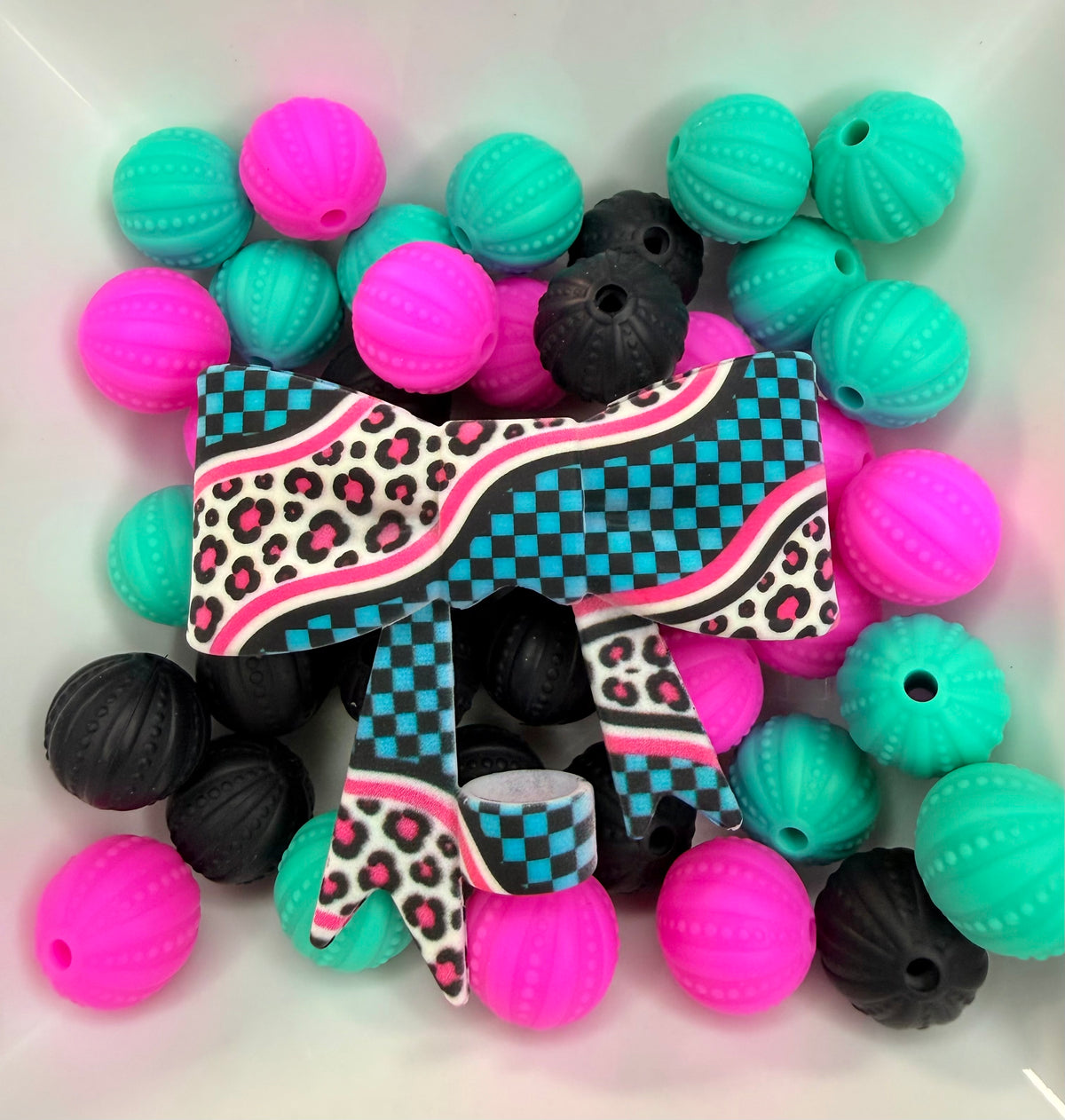 Teal checkered and pink leopard strawtopper bow •Exclusive•