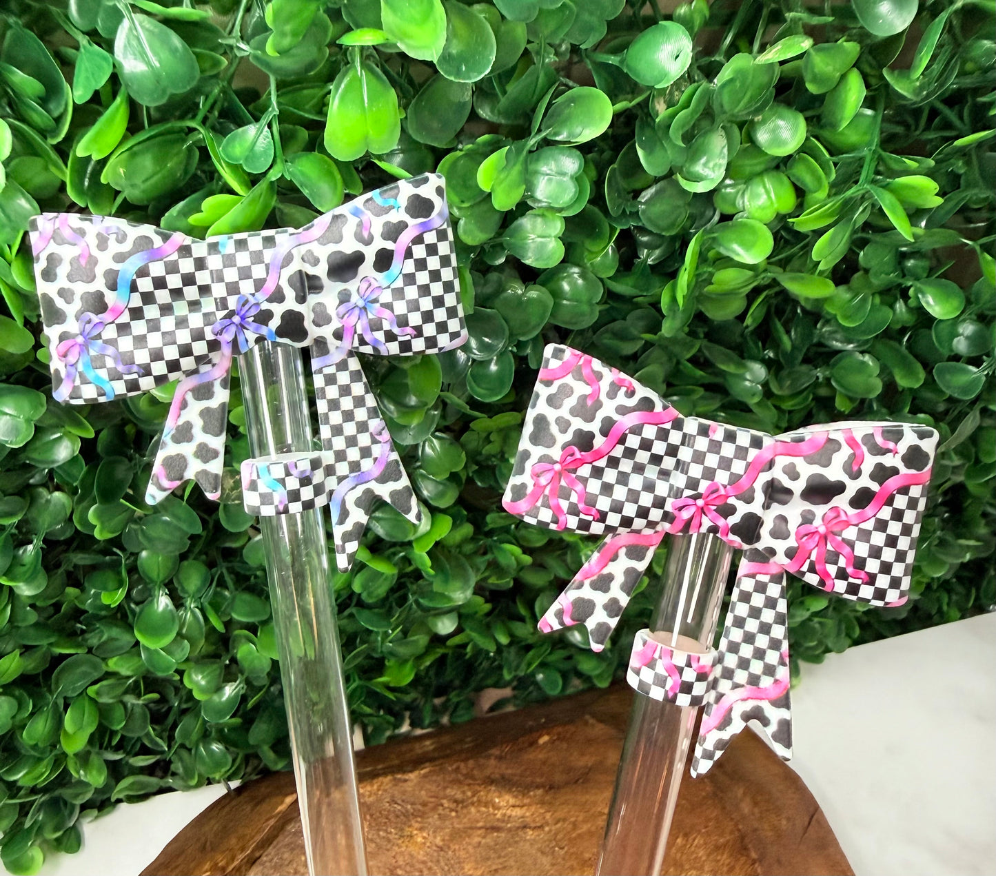 Checkered cow Charm strawtopper bows •Exclusive•