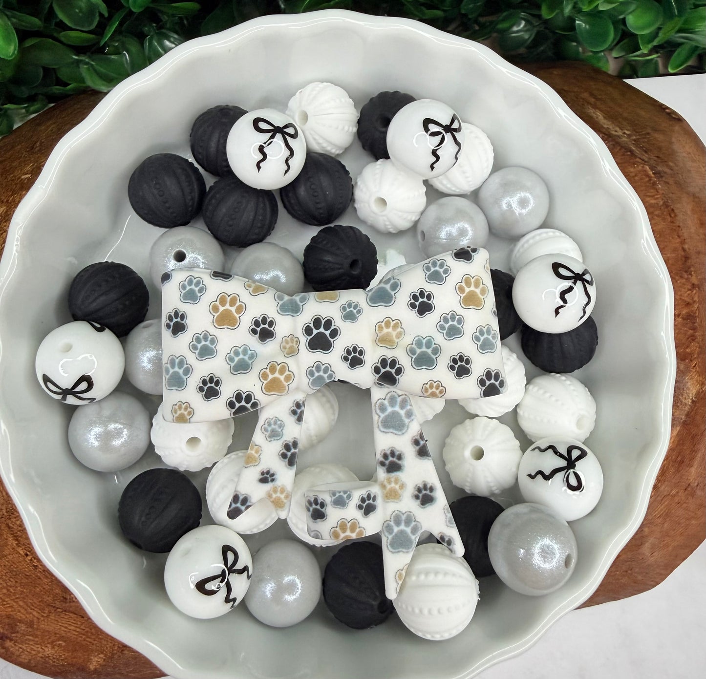 Black & Grey Pawprint Strawtopper bow •Exclusive•