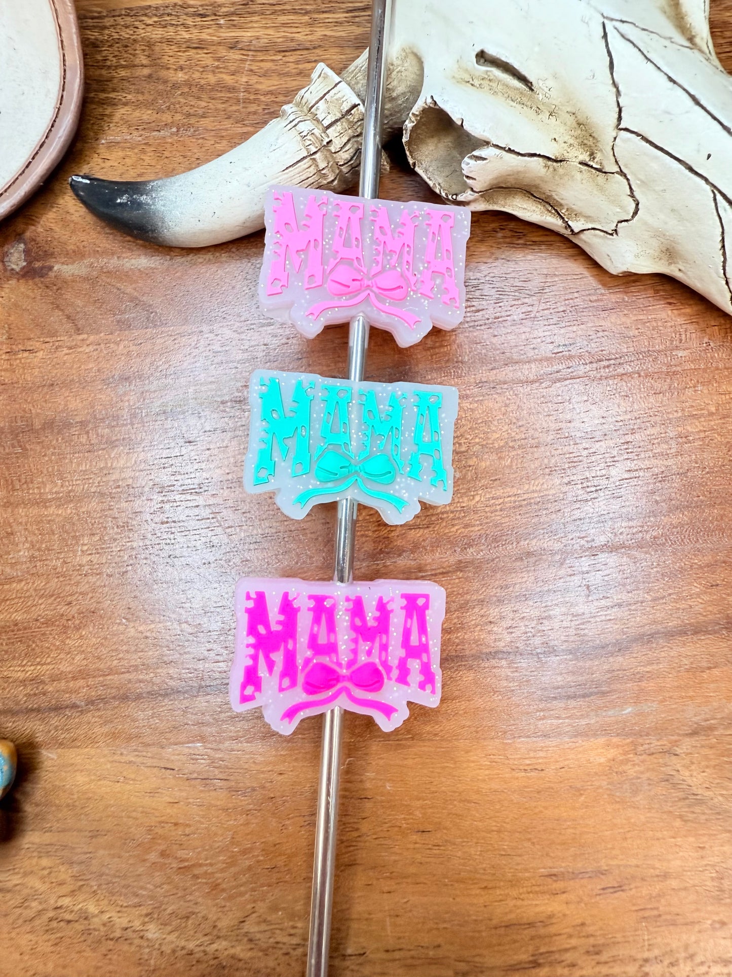 Clear Glitter Mama with bow Focal