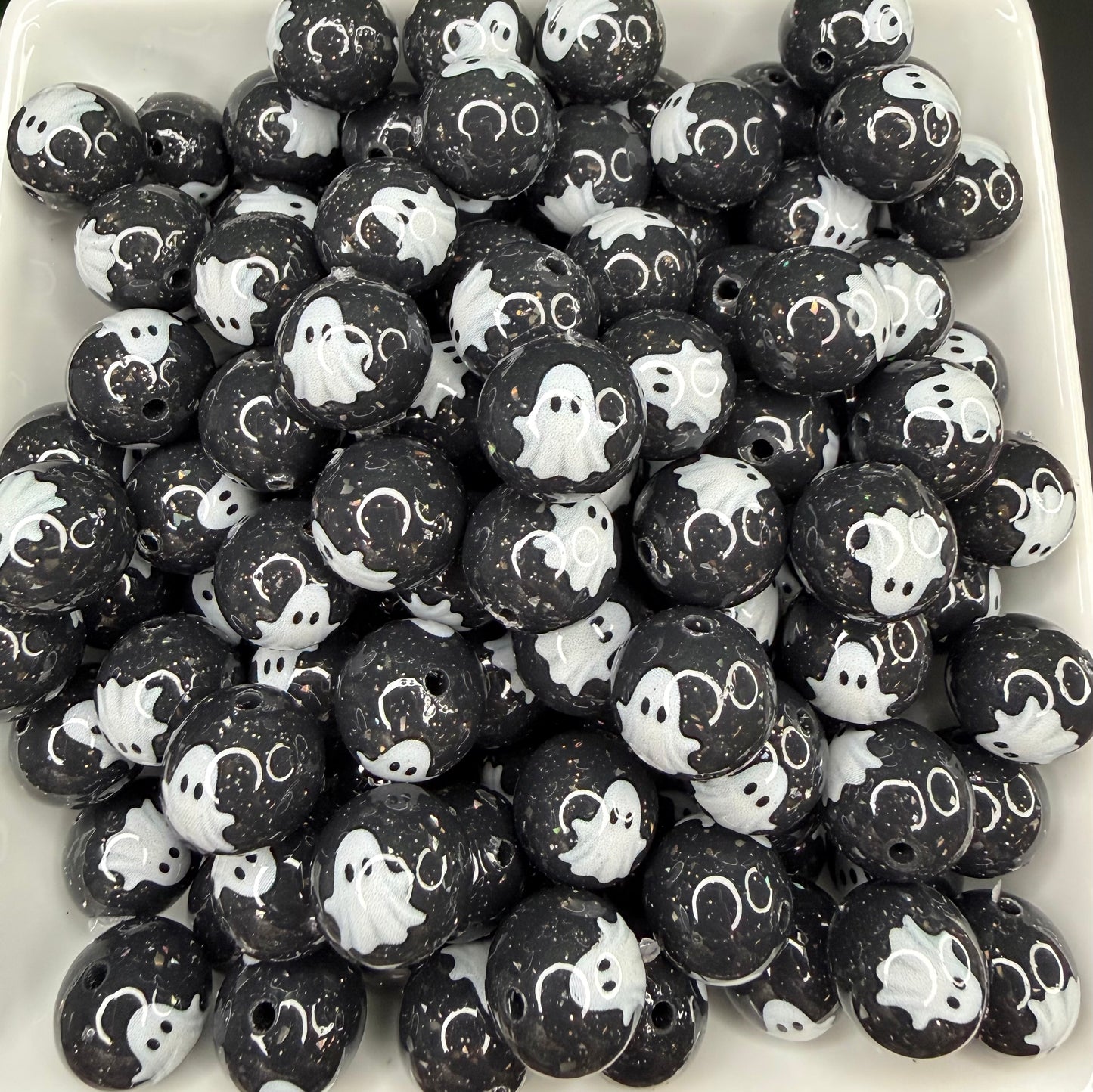 15mm Liquid Glitter glam ghost printed beads (pack of 5)•Exclusive collab•