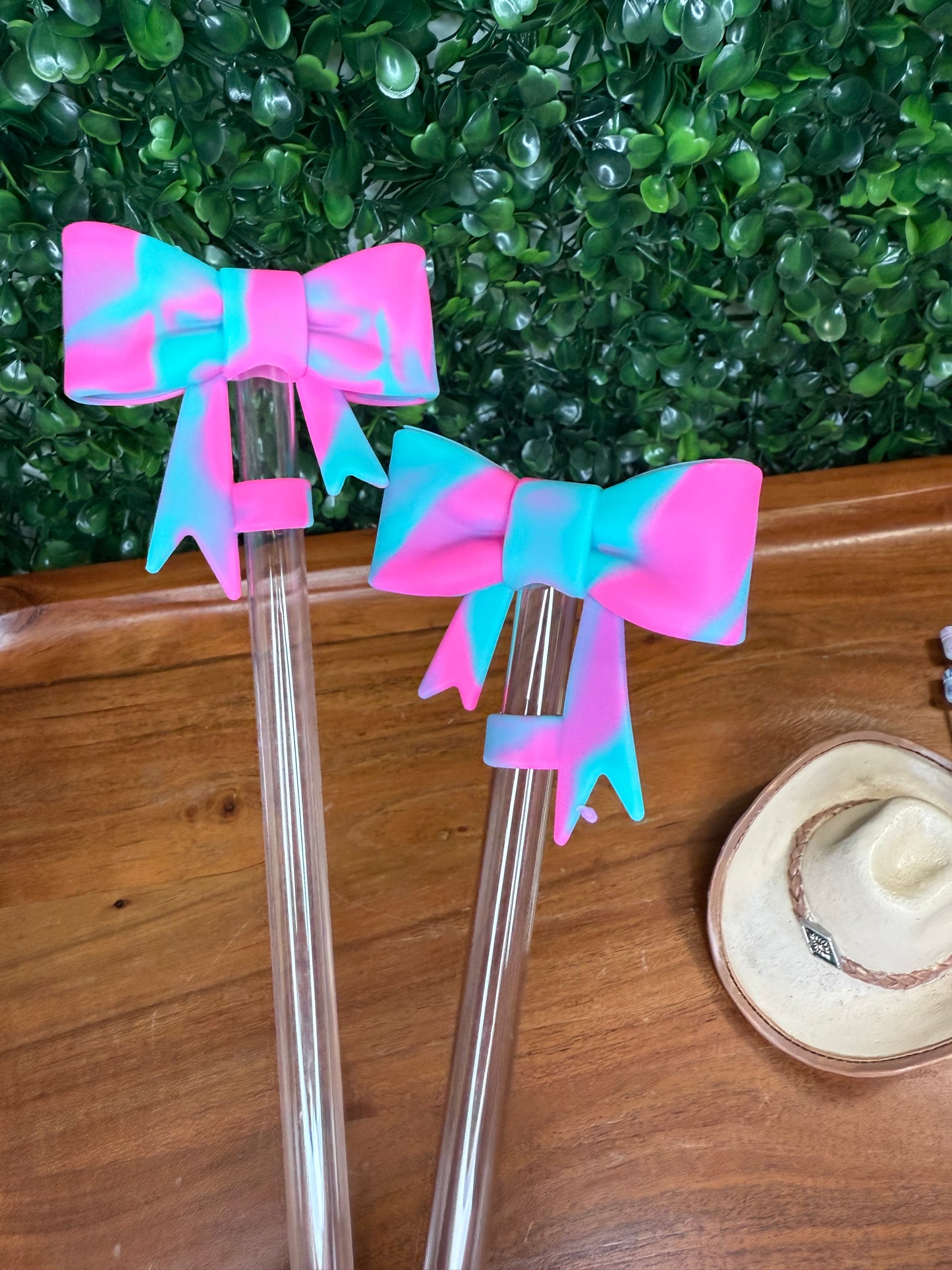 Teal/pink Swirl strawtopper bow