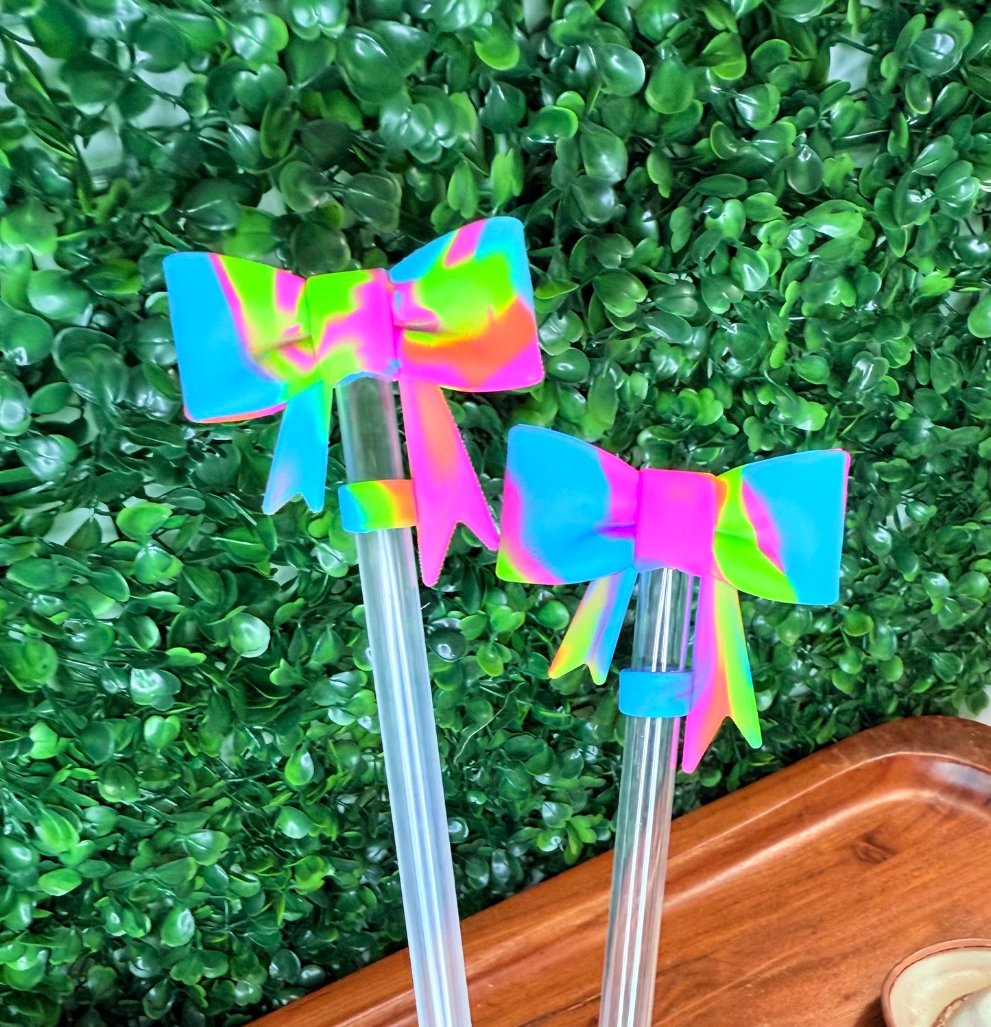 Blue,green and pink swirl strawtopper bow