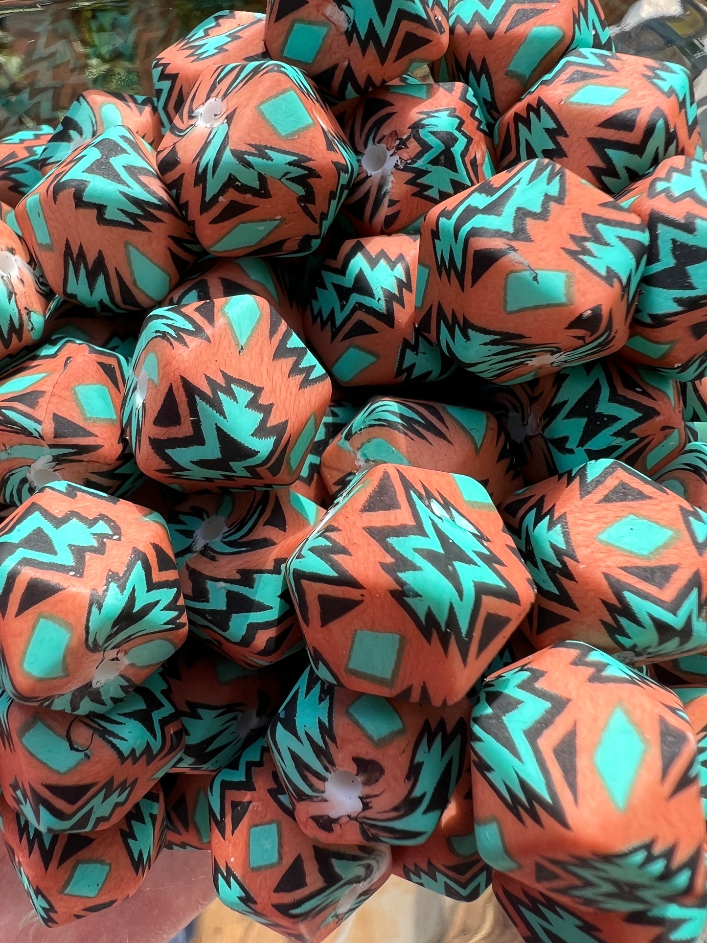 CUSTOM - 14mm Hexagon Rust & Teal Aztec (pack of 5)