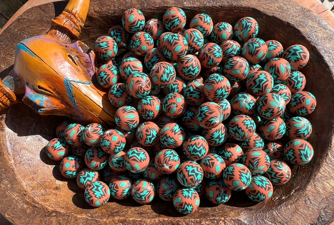 15mm Rust & Teal Aztec beads EXCLUSIVE