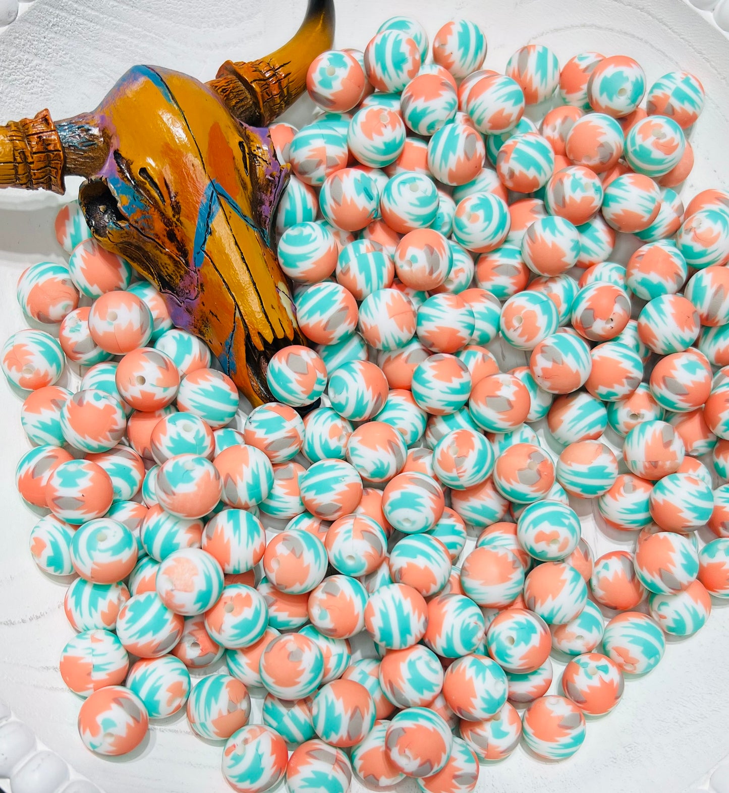 15mm Orange & Teal Aztec printed beads (pack of 5)