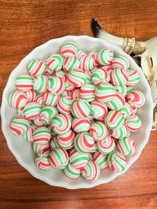 15mm Candy cane swirl printed beads (pack of 5)