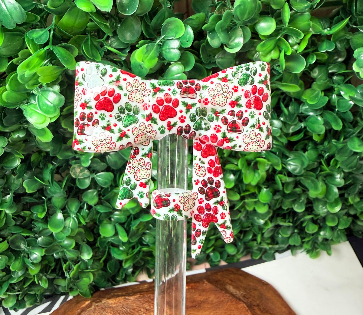Liquid Christmas paw print strawtopper bow• Exclusive