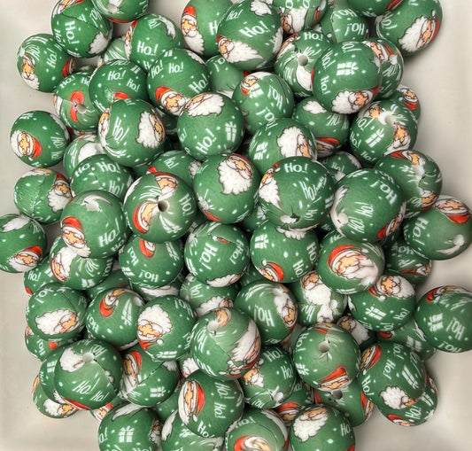 15 Pine green Christmas printed beads (pack or 5)