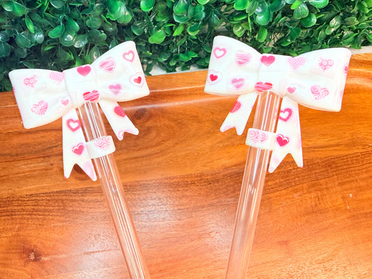 Opal pink and red heart strawtopper bows