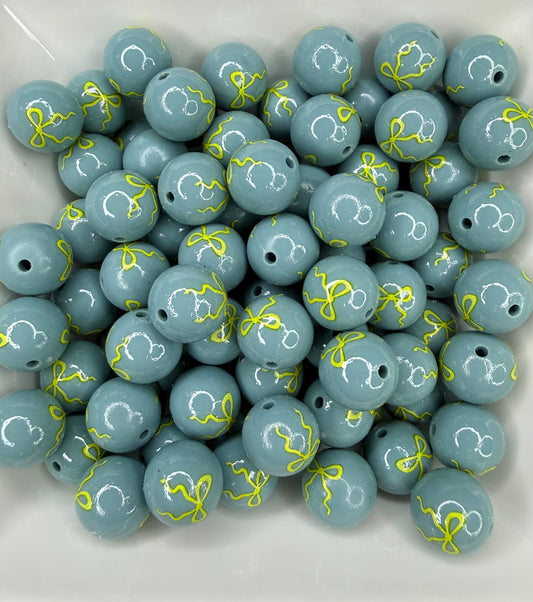 5mm Liquid Slate blue & Yellow bow printed beads •Exclusive• (pack of 5)