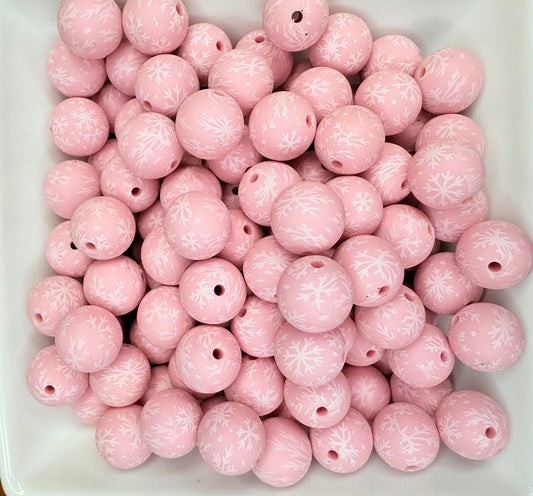 15mm Pink Winter ❄️ Dream Snowflake printed beads (pack of 5) •Exclusive•