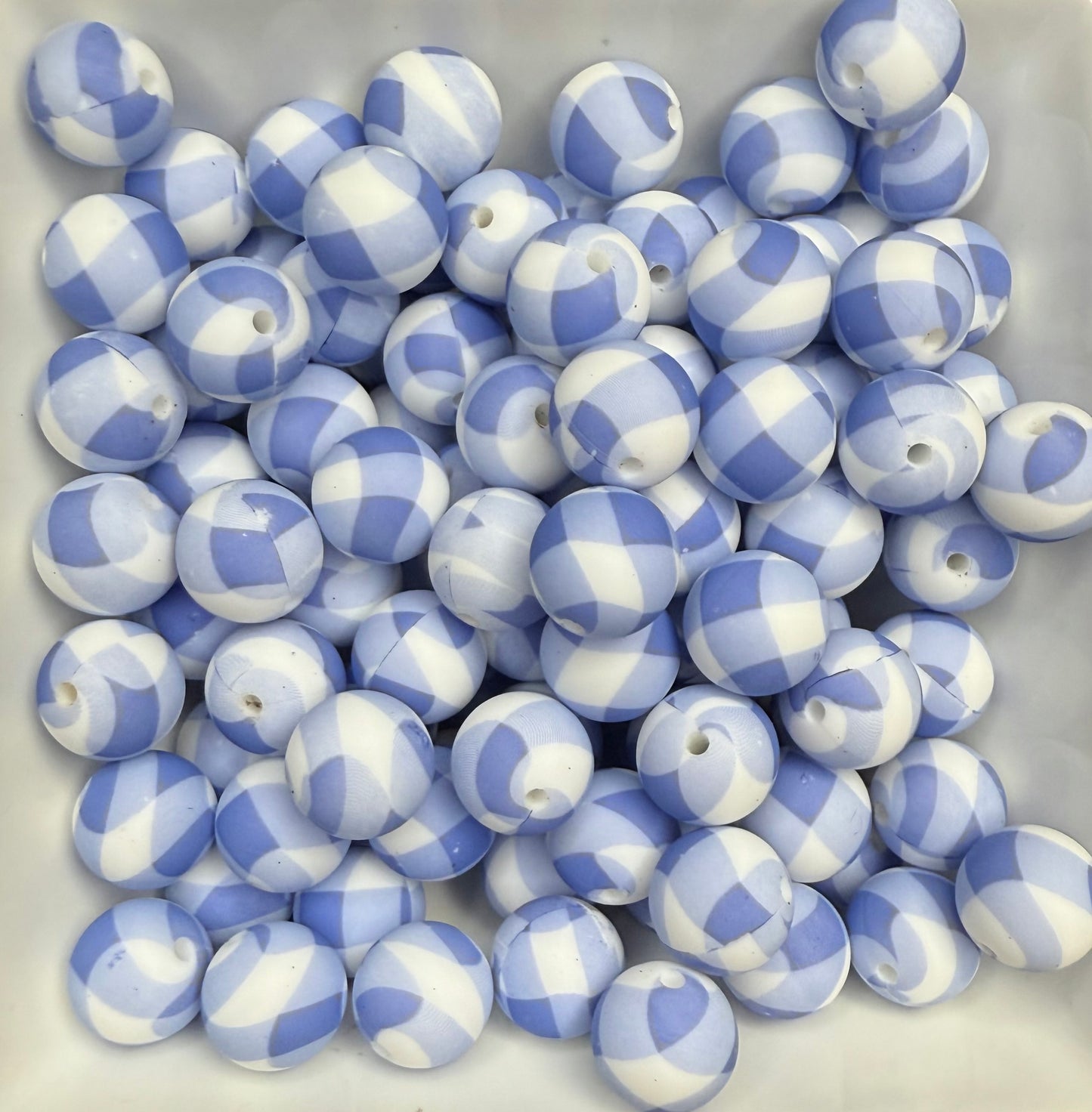 15mm Baby Blue Plaid printed silicone beads (pack of 5)