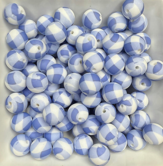 15mm Baby Blue Plaid printed silicone beads (pack of 5)
