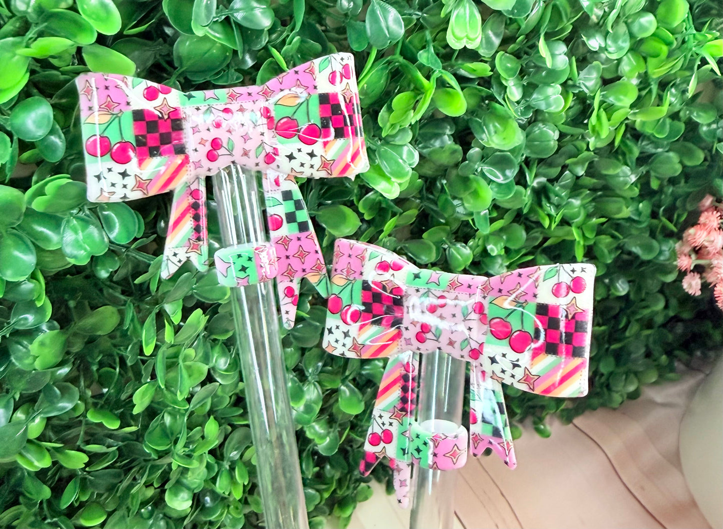Liquid cherry patchwork strawtopper bow