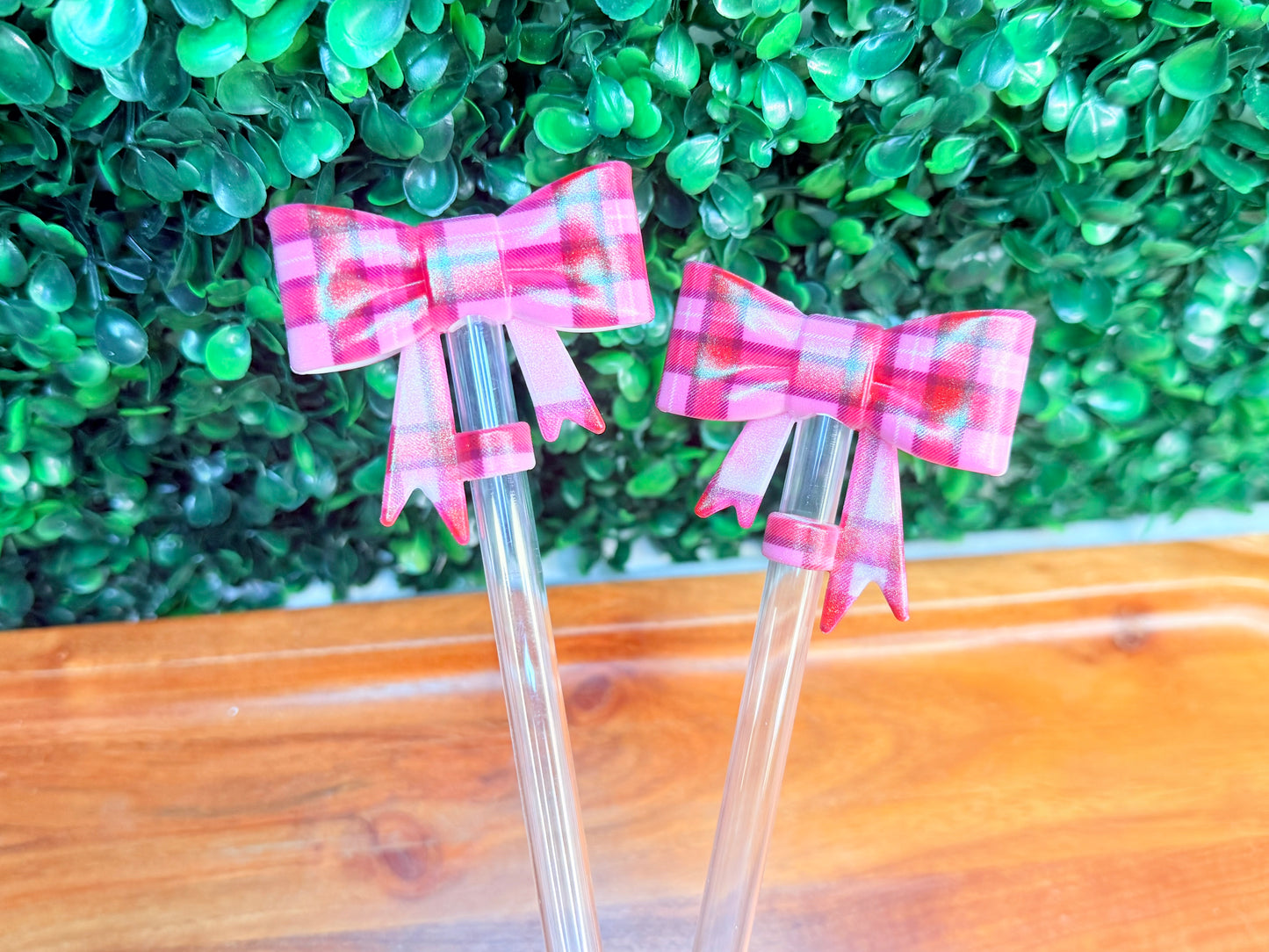 Opal Pink plaid strawtopper bow