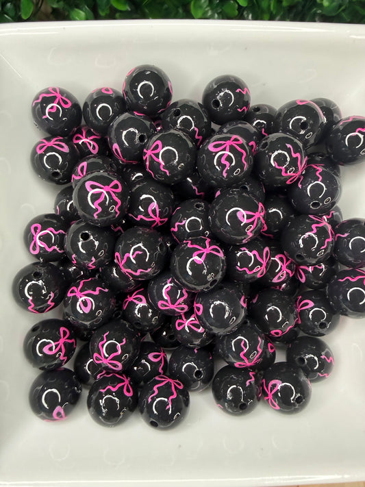 15mm Hot pink & black bow beads •Exclusive• (pack of 5)