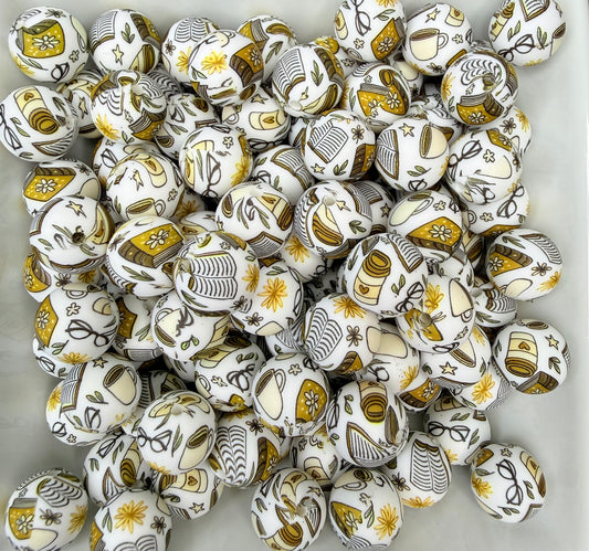 15mm Coffee printed beads (pack of 5)