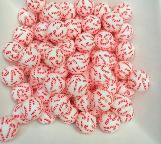 15mm Red Candy cane printed beads (pack of 5)