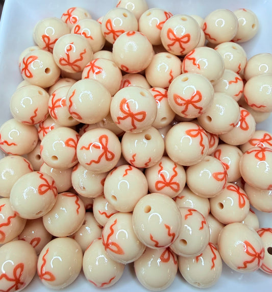 15mm Liquid Tan & orange bow printed beads (pack of 5)