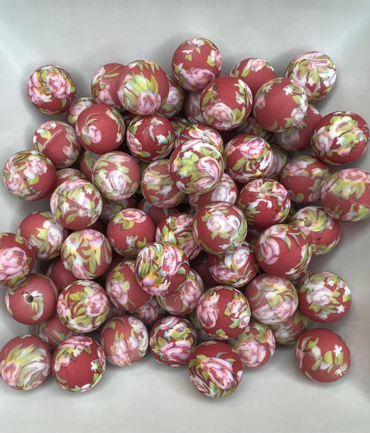 15mm Burgundy Floral printed bead (pack of 5)