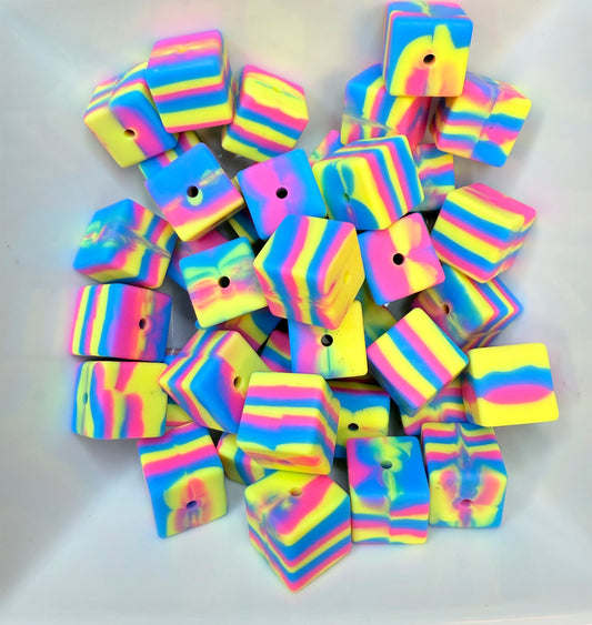 15mm pink,blue,yellow swirl square beads