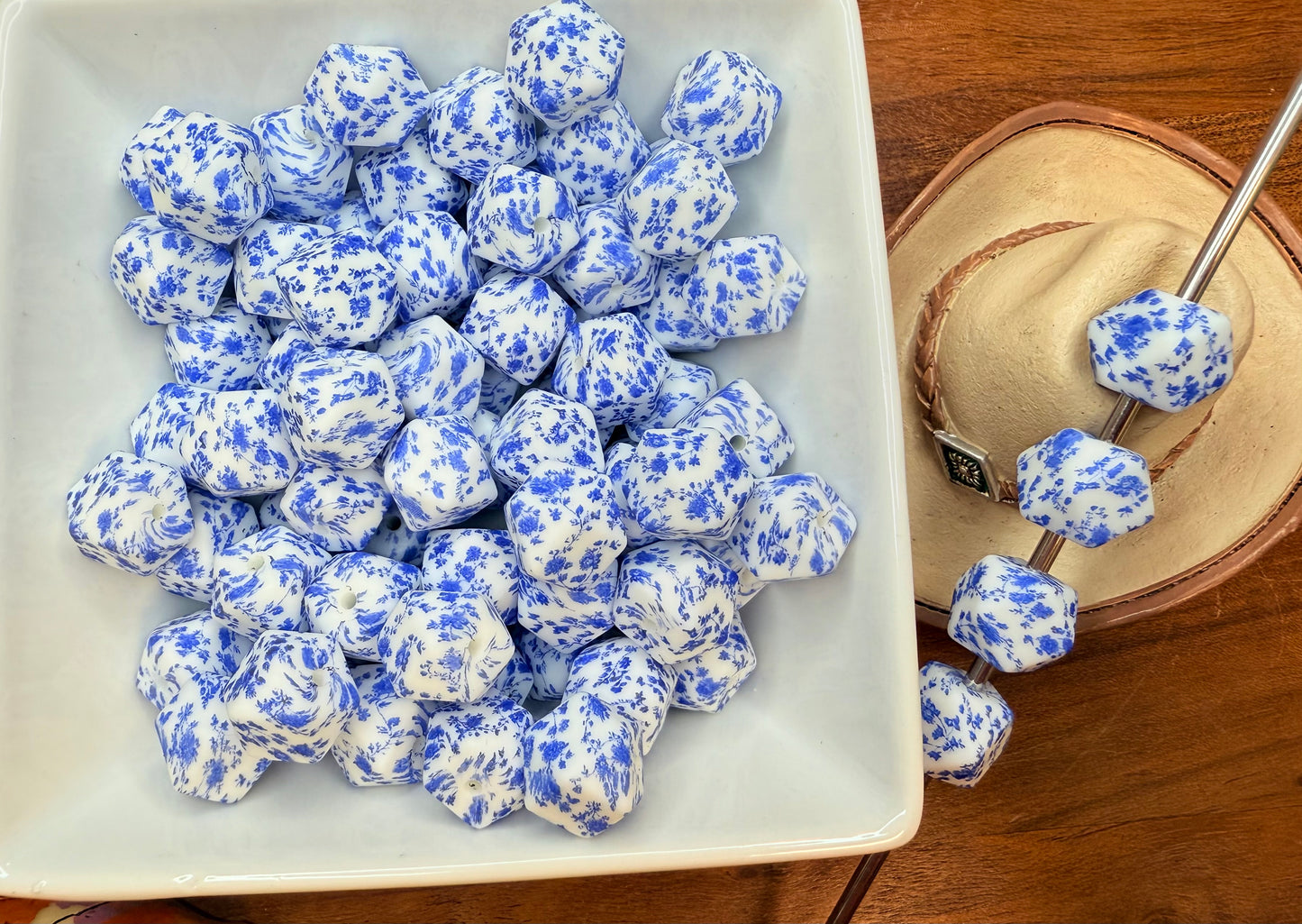 14mm Rosette blue floral hexagons (pack of 5) EXCLUSIVE