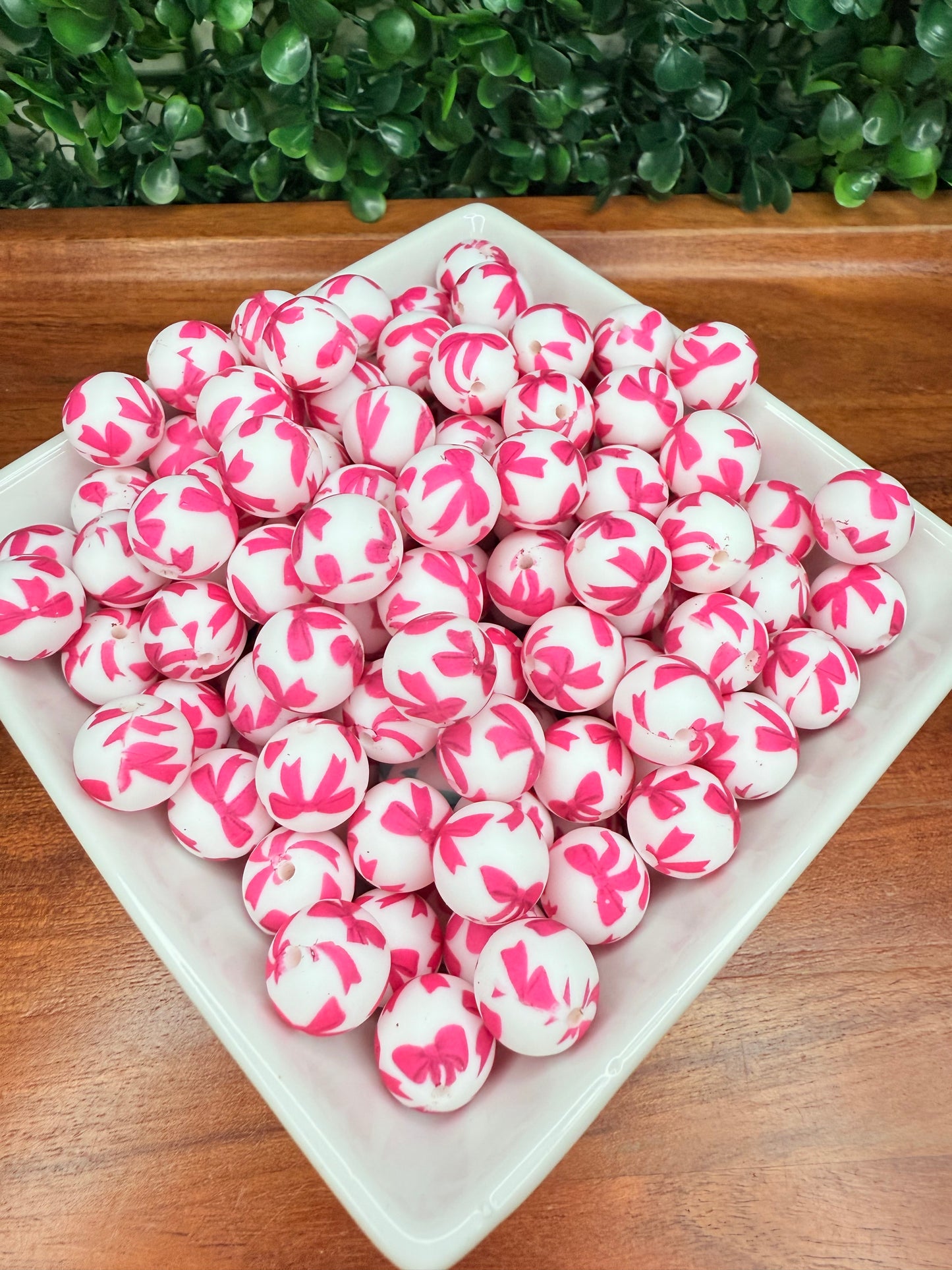 15mm Pink Ribbon bow printed beads (pack of 5) •Exclusive•