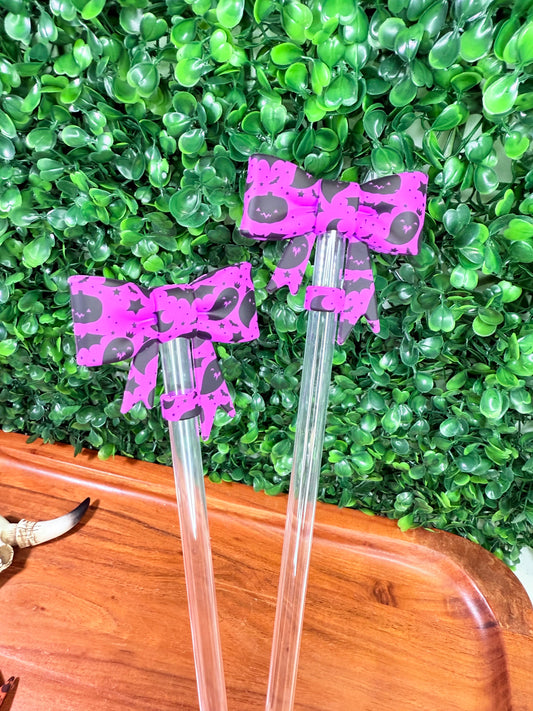 Ghost & pumpkin bright purple strawtopper bow