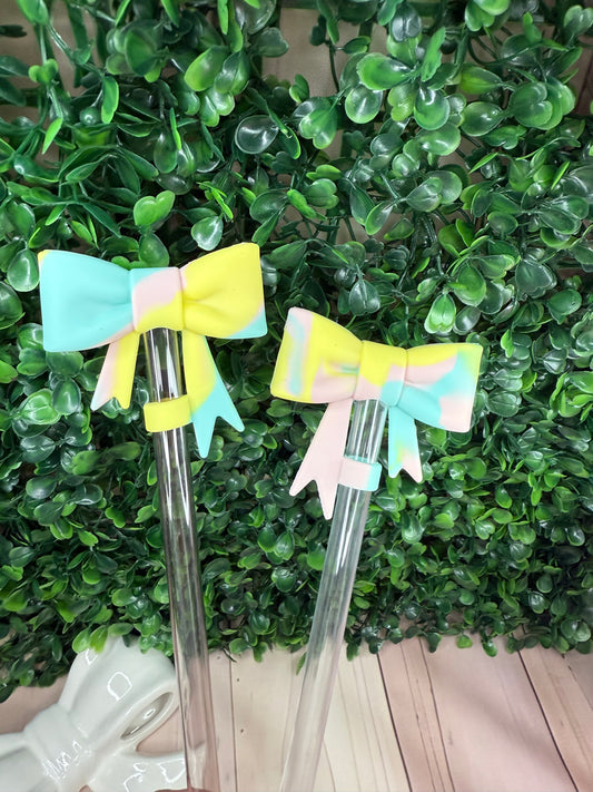 Pastel (pink,blue& yellow) marble strawtopper bow