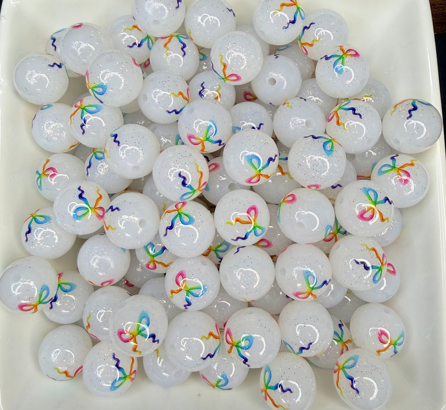 15mm Rainbow glitter bow beads (pack of 5)