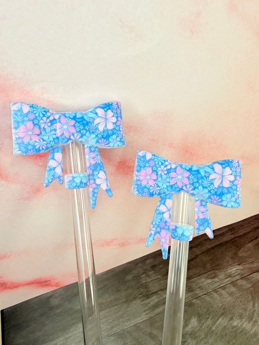 Blue floral daydream printed strawtopper bow •Exclusive•