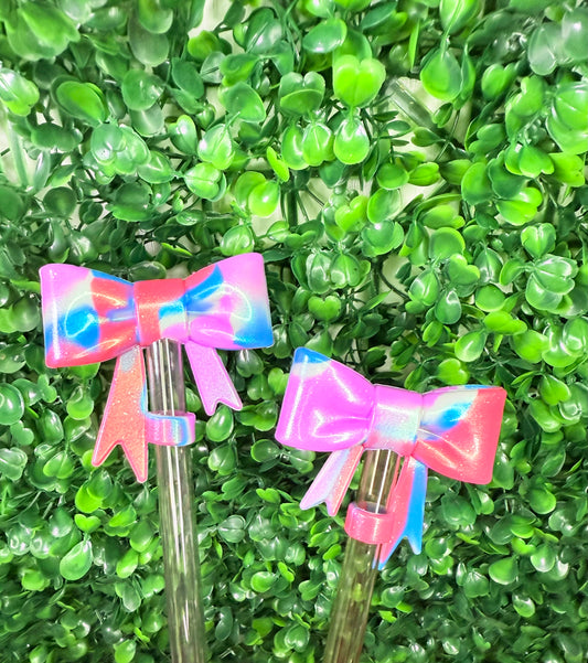 Opal Pink, blue, purple swirl strawtopper bow