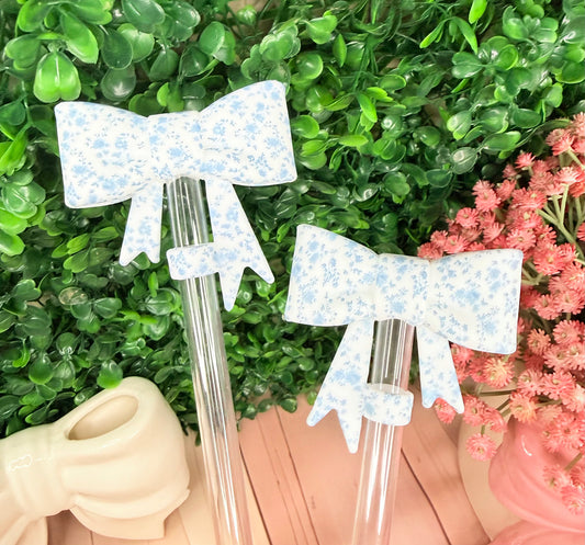 Cloud breeze blue floral strawtopper bows •Exclusive•