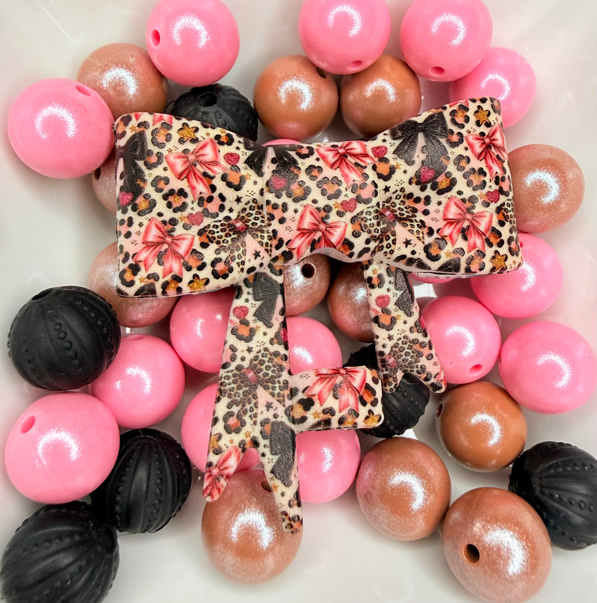 Leopard and pink & black bows strawtopper bow