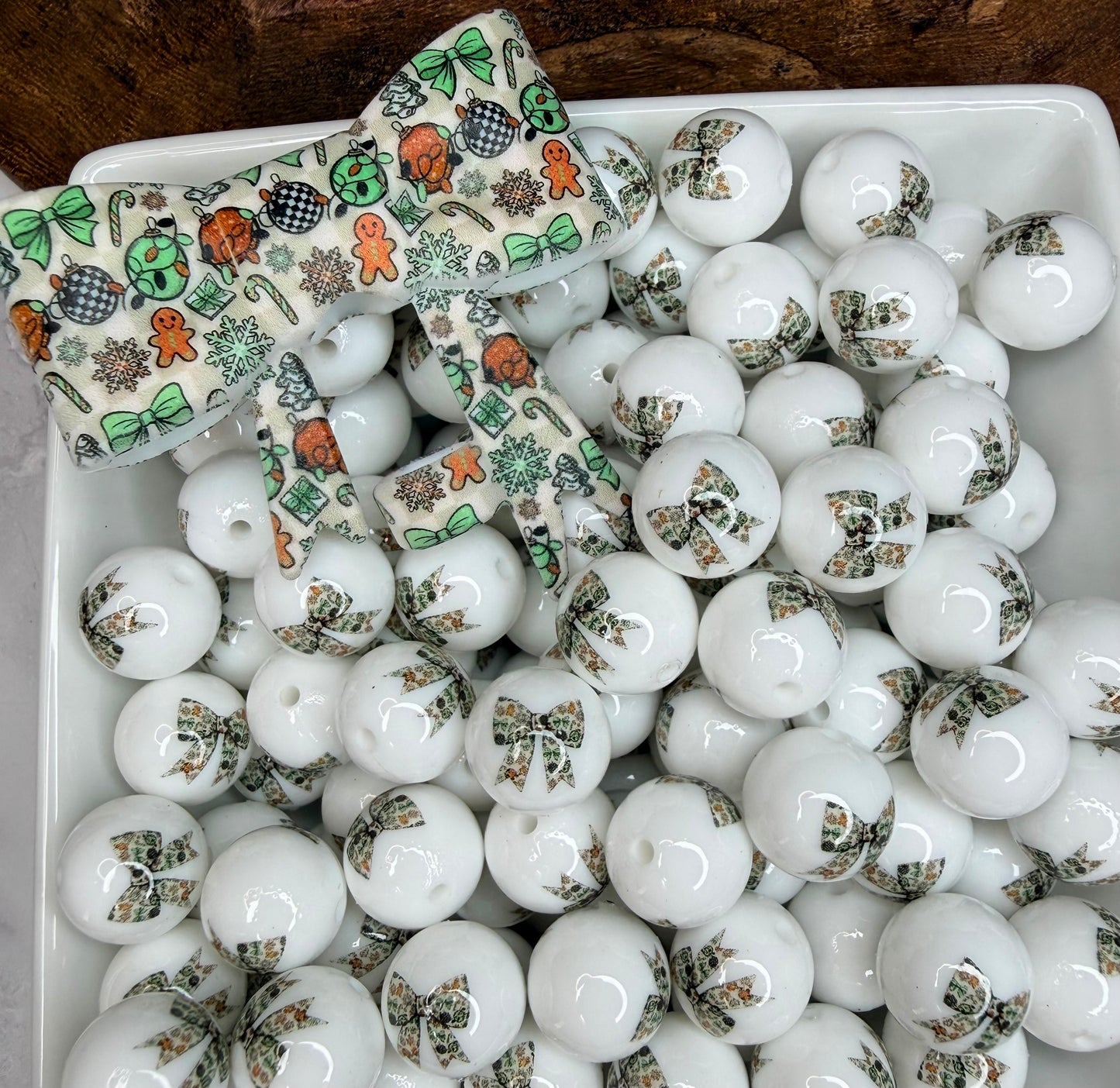 15mm Liquid Minty Merry bow print (pack of 5) •Exclusive•