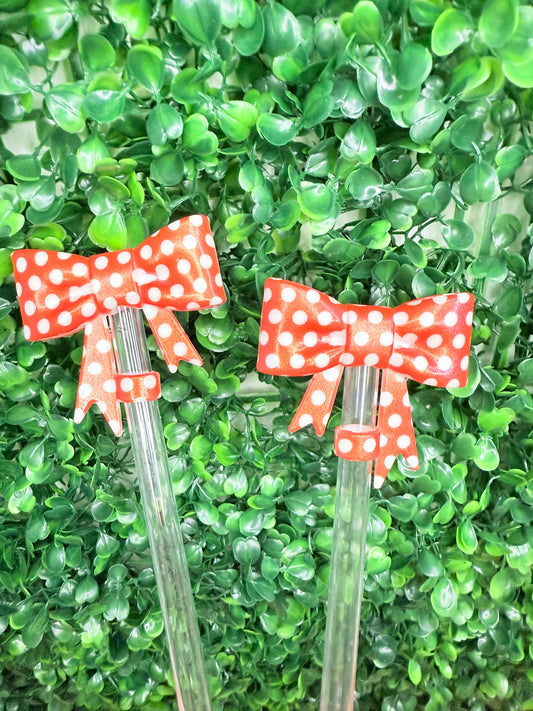 Opal Red Polka dot strawtopper bow