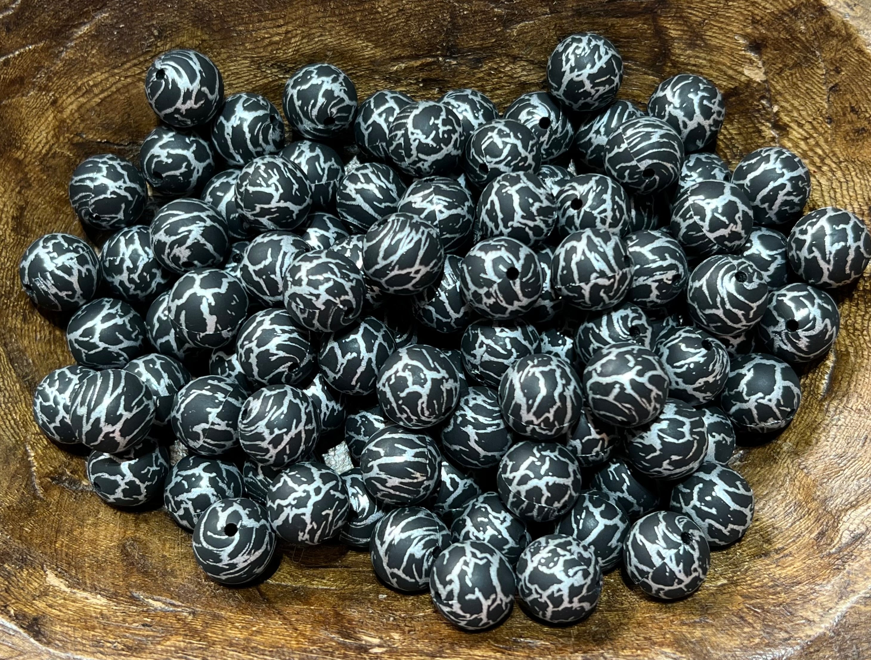 15mm Black and silver marble (pack of 5) – Fire and Hyde Bead Supply