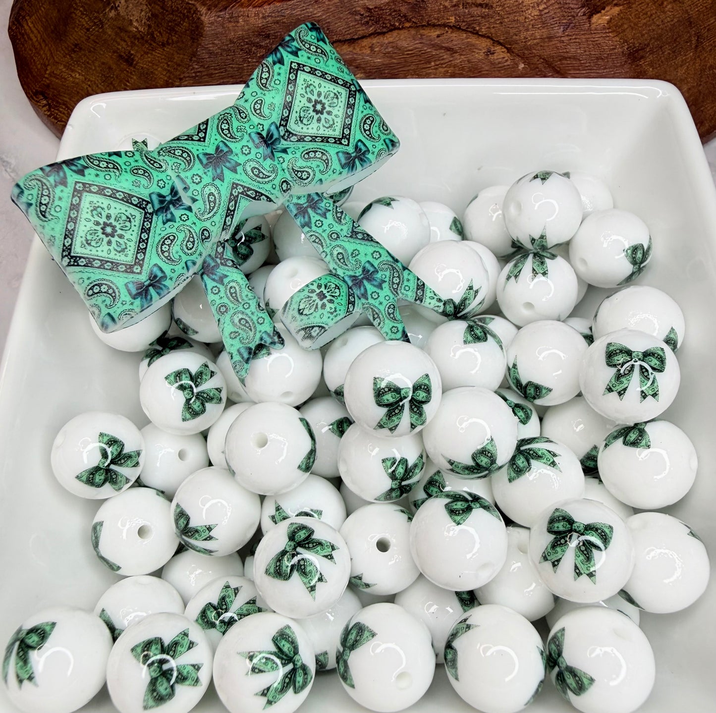 15mm Liquid Mint and teal bandana bow printed beads (pack of 5) •Exclusive•