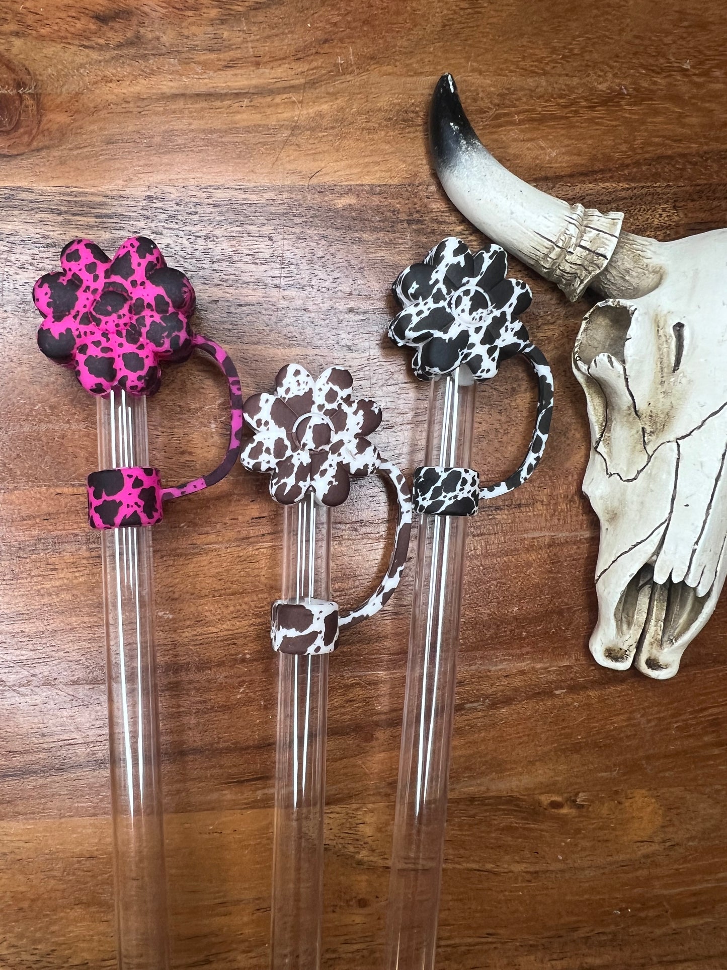 Flower cow hide printed straw toppers (Multiple colors)