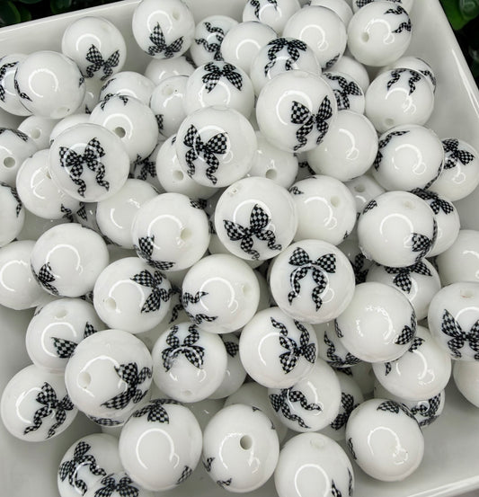 15mm Liquid Black and white checkered bow silicone bead (pack of 5)