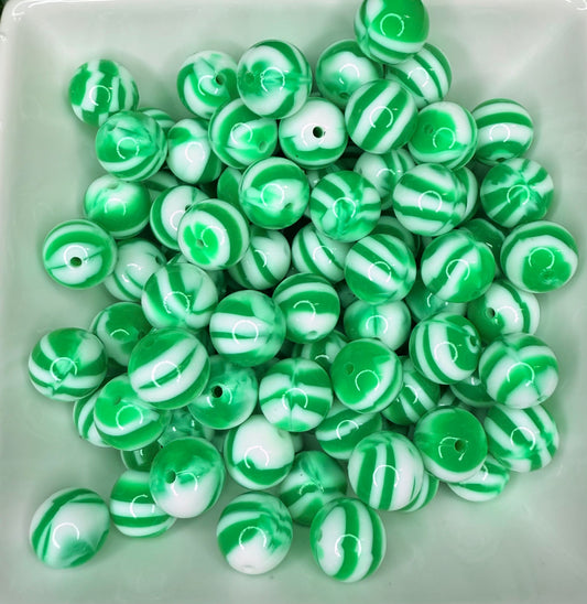 15mm Liquid Green and white swirl beads