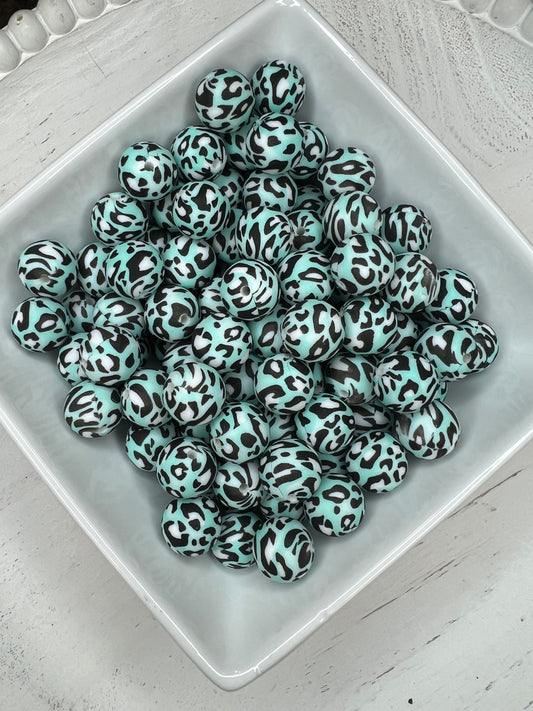 15mm Aqua leopard print beads (pack of 5)